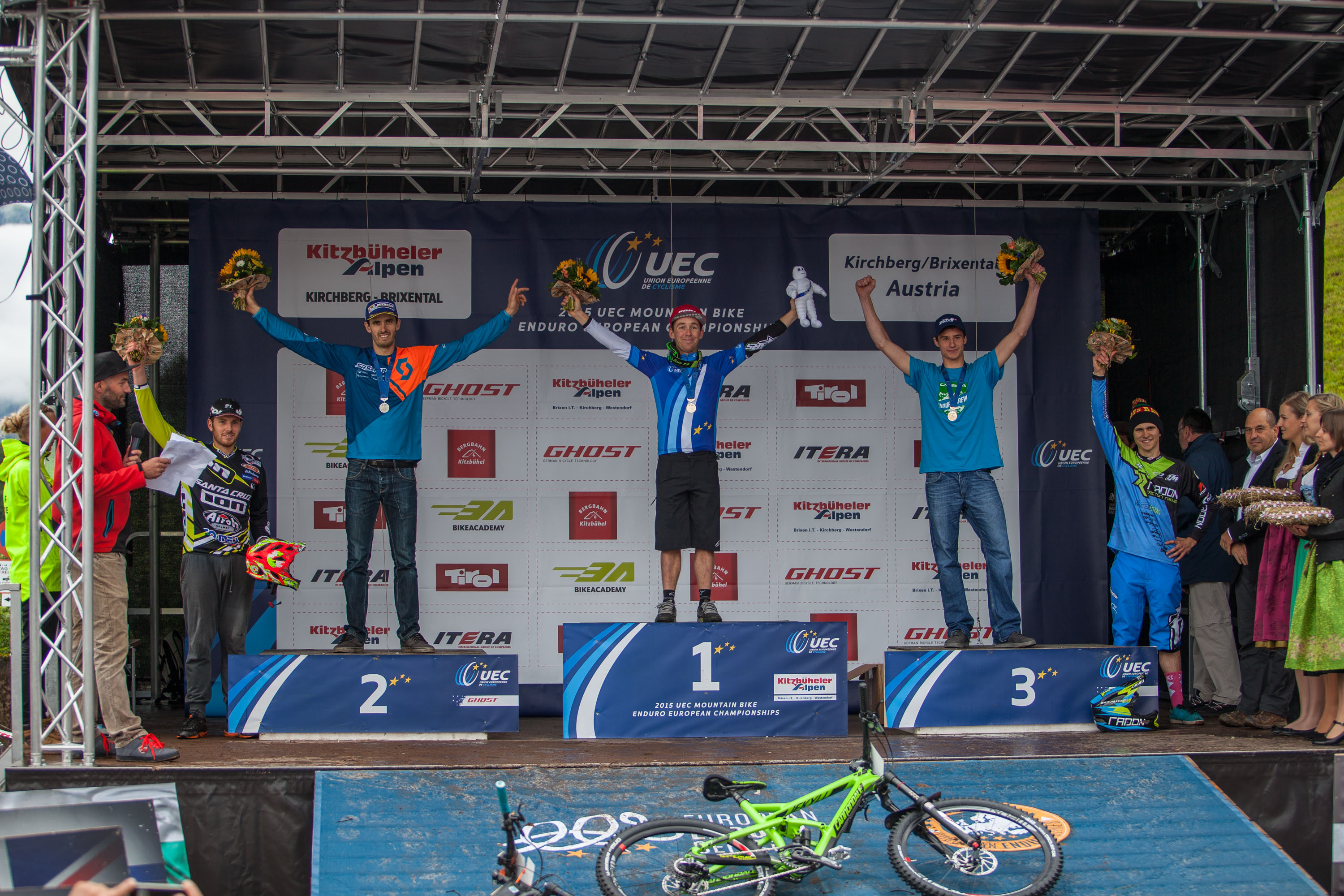 Ceremony awards at the 1st UEC MTB Enduro European Championships in Kirchberg, Tyrol, Austria, on June 21, 2015. Free image for editorial usage only: Photo by Antonio López Ordóñez.