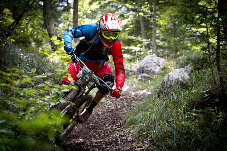 Kevin Maderegger of Austria races down stage 5 of the 4th stop of the European Enduro Seriesat Molveno-Paganella, Italy on September 06, 2015. Free image for editorial usage only: Photo by Manfred StrombergWinner of Germany races down stage 5 of the 4th stop of the European Enduro Seriesat Molveno-Paganella, Italy on September 06, 2015. Free image for editorial usage only: Photo by Manfred Stromberg
