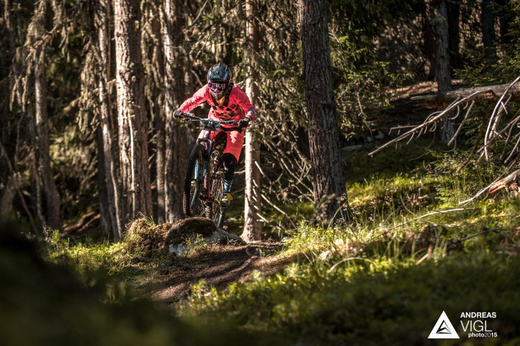 Sandra BÖRNER of Germany races down the stage No. 1 during the 3rd stop of the European Enduro Series at Reschenpass, Austria, on July 26, 2015. Free image for editorial usage only: Photo by Andreas Vigl