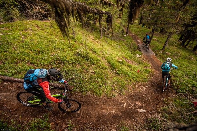 Competitors during the training for the 3rd stop of the European Enduro Series at Reschenpass, Austria, on July 25, 2015. Free image for editorial usage only: Photo by Andreas Vigl
