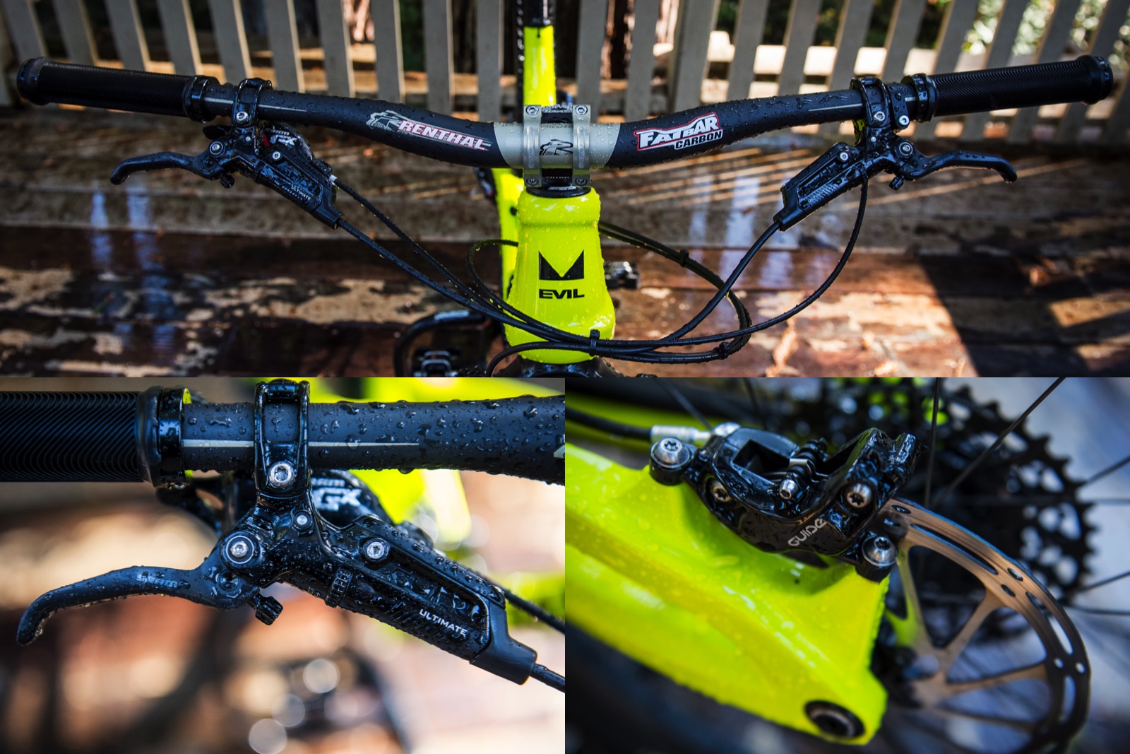 We almost forgot about spec. Renthal Apex stem in 50mm length. 20mm rise Renthal Fatbar Carbon at full 780mm width. Guide Ultimates are the best brakes we've ridden to date so we're happy to have them on this bike. Sensus Swayze Grips.
