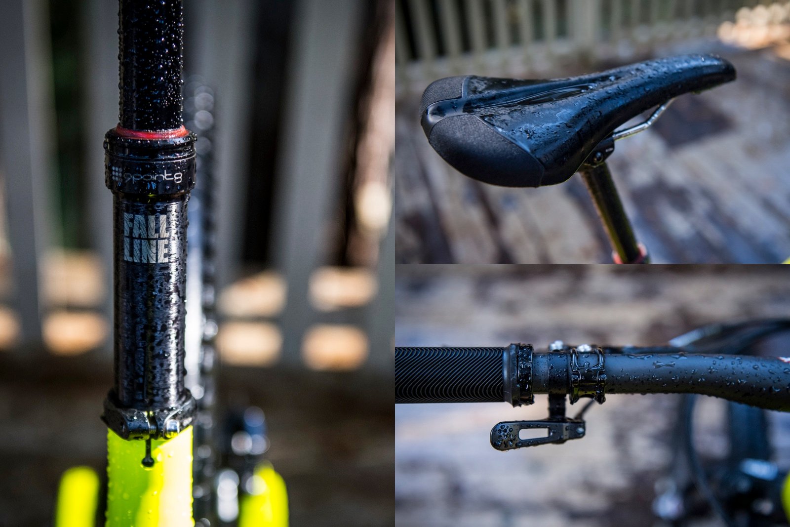 We're sitting on some new bits. The 9point8 Fall Line dropper post is a bit of a game changer. 150mm travel, internally routed. Look for a full review soon. Fizik's Monte enduro saddle has been making us smile so far.