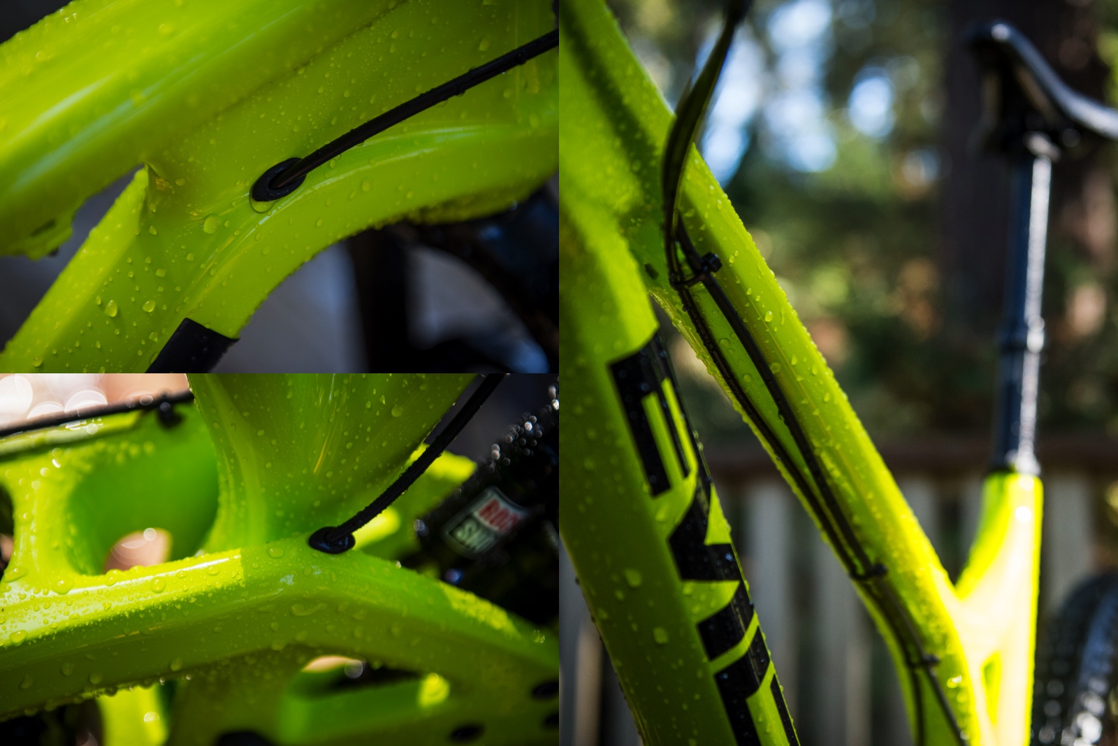 Internal routing here and there. Top left is where the dropper post enters, bottom left is where the shifter cable enters the rear end...The brake and shifter cables are neatly tucked under the top tube.