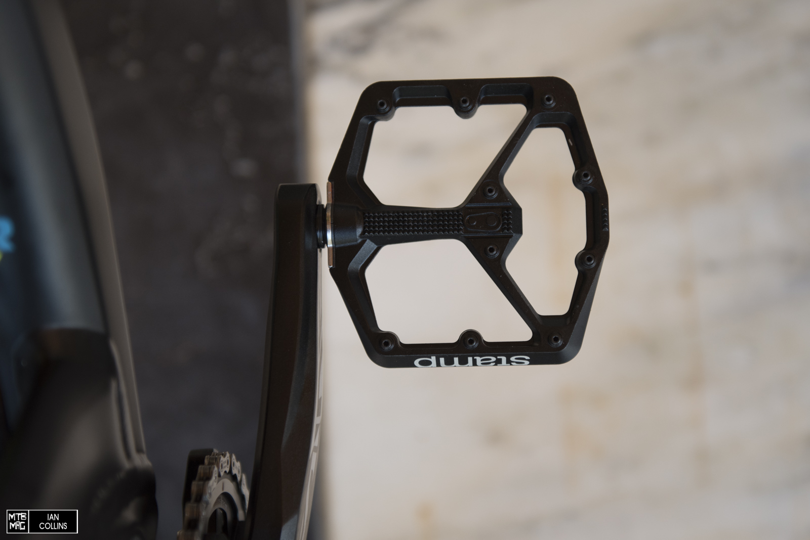 The new Crank Brothers Stamp Flat pedals come in two sizes. Sam is no small Lad so he runs the bigger of the two.