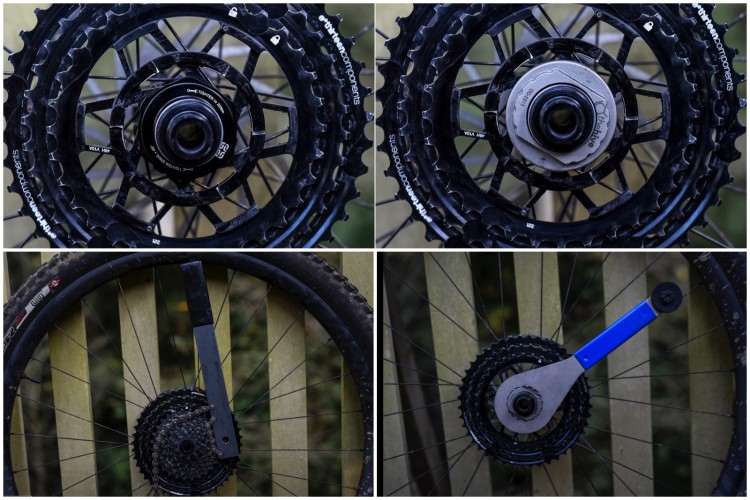 Clockwise from top left. Slide the 3 largest cogs on, use the included key to secure it. After greasing the interface between the two pieces, use a chain whip to lock the 8 smaller cogs in. Voila.